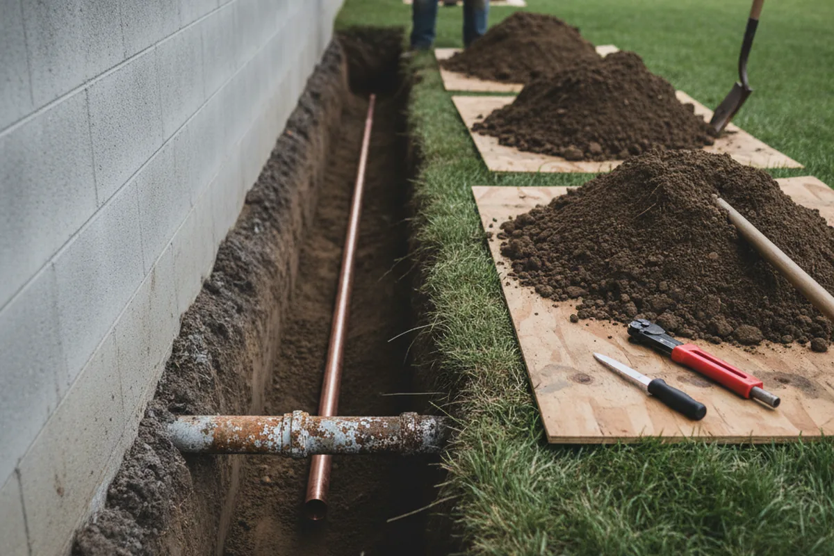Excavated water line trench during Water Heater Repair in Ida